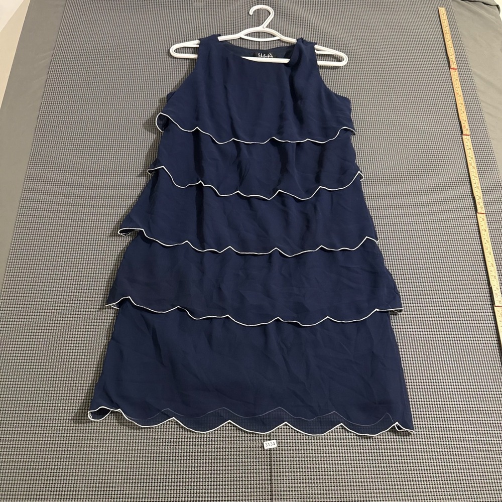 SL Fashions Women Navy Blue Tiered Scalloped Layered Sleeveless Dress Size 12